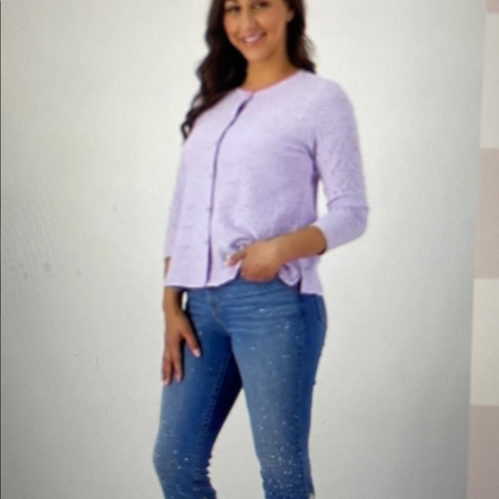 LOGO by Lori Goldstein Stretch Eyelet Button Front Cardigan Lavender S New - Picture 2 of 14